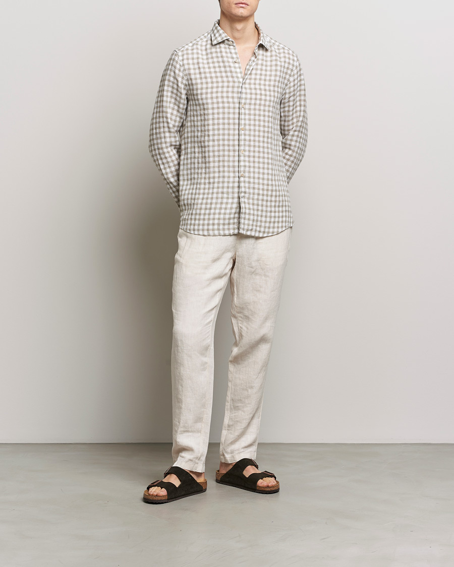 Men | Shirts | Stenströms | Slimline Cut Away Checked Linen Shirt Light Grey