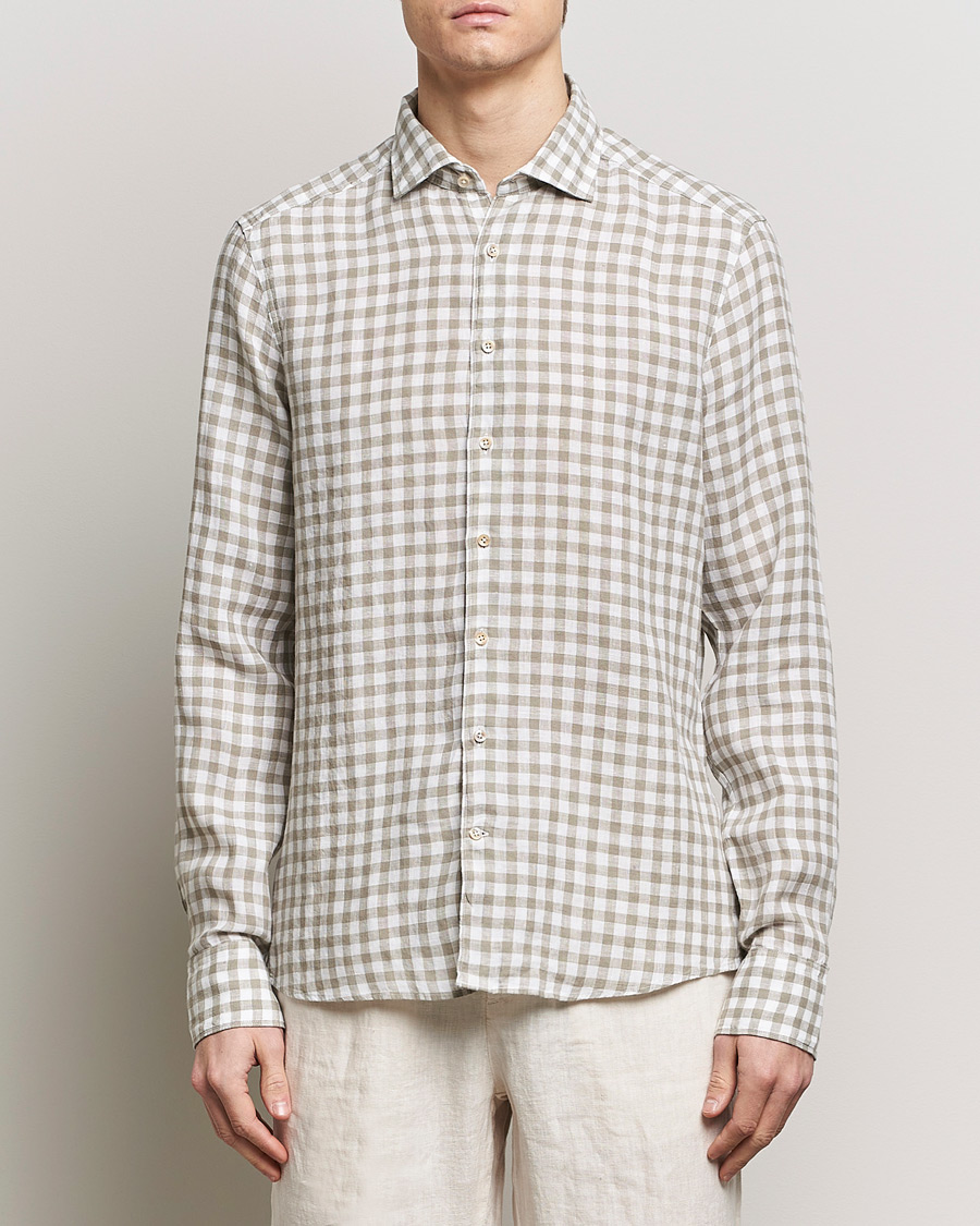 Men | Linen Shirts | Stenströms | Slimline Cut Away Checked Linen Shirt Light Grey