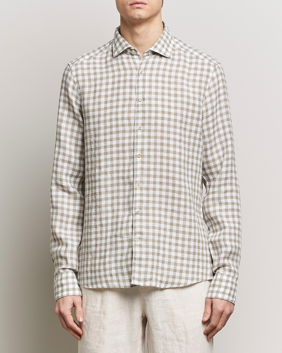 Men | Shirts | Stenströms | Slimline Cut Away Checked Linen Shirt Light Grey