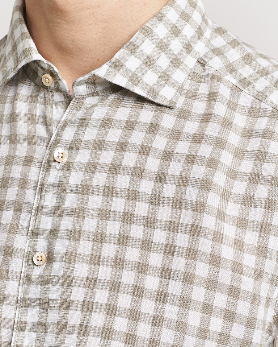 Men | Shirts | Stenströms | Slimline Cut Away Checked Linen Shirt Light Grey
