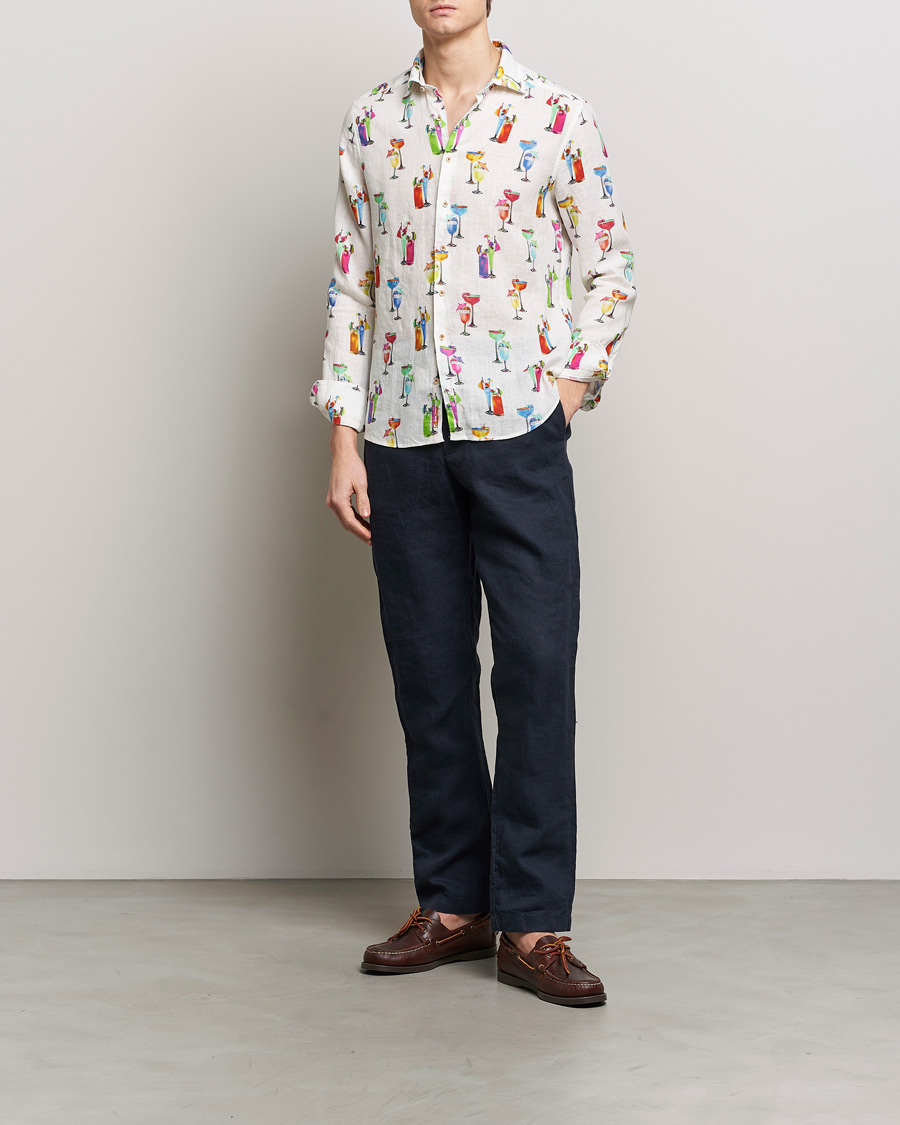Men | Shirts | Stenströms | Slimline Cut Away Printed Linen Shirt White