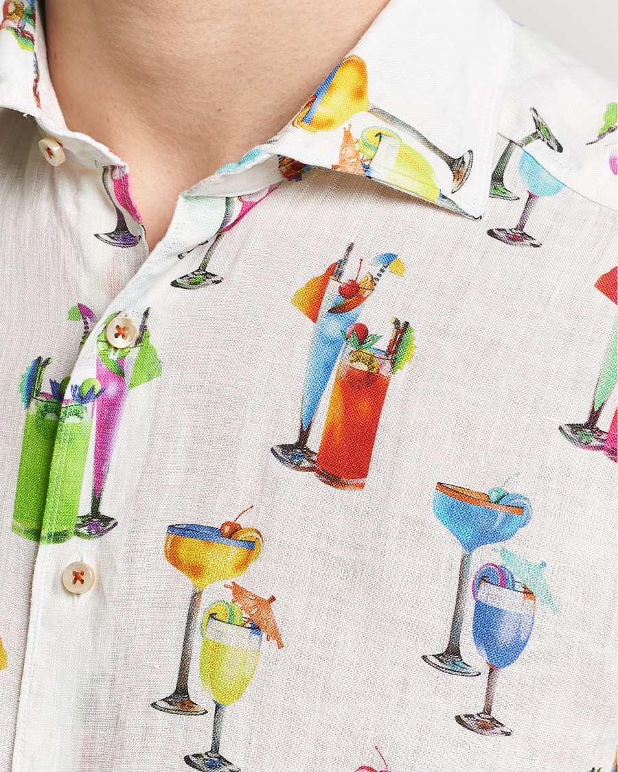 Men | Shirts | Stenströms | Slimline Cut Away Printed Linen Shirt White