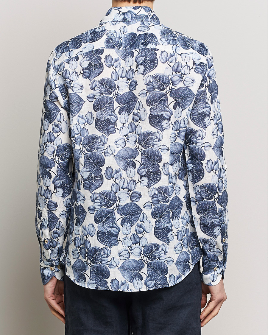 Men | Shirts | Stenströms | Slimline Cut Away Printed Flower Linen Shirt Blue