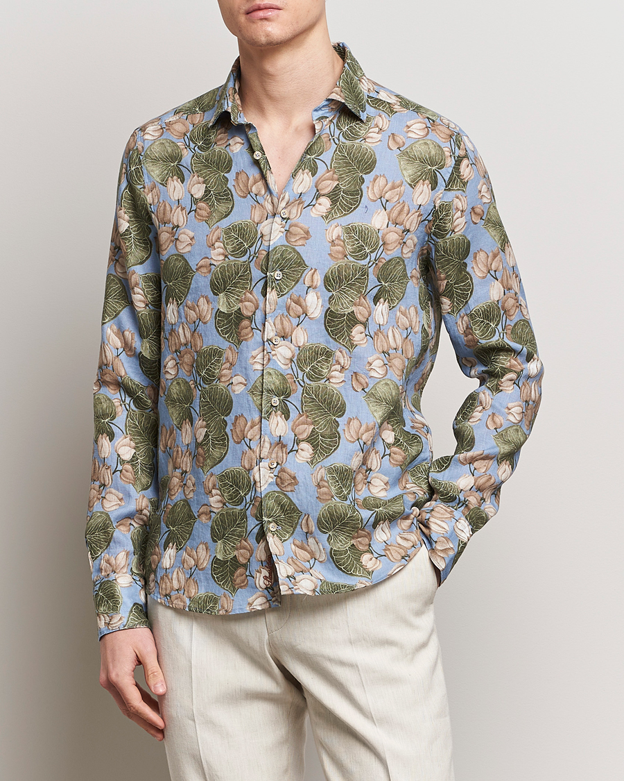Men | Linen Shirts | Stenströms | Slimline Cut Away Printed Flower Linen Shirt Multi