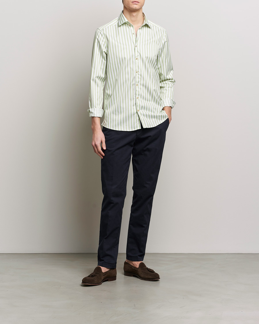 Men | Shirts | Stenströms | Slimline Large Stripe Washed Cotton Shirt Green