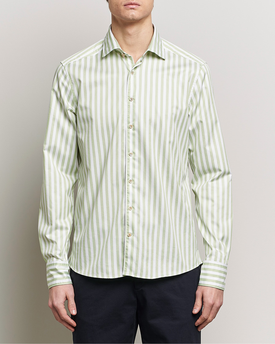 Herr |  | Stenströms | Slimline Large Stripe Washed Cotton Shirt Green