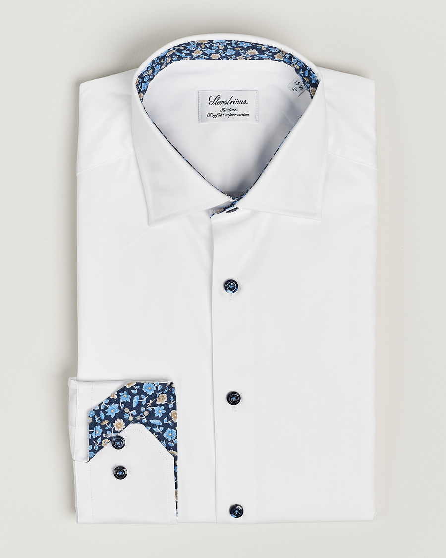 Men | Shirts | Stenströms | Slimline Cut Away Flower Contrast Shirt White