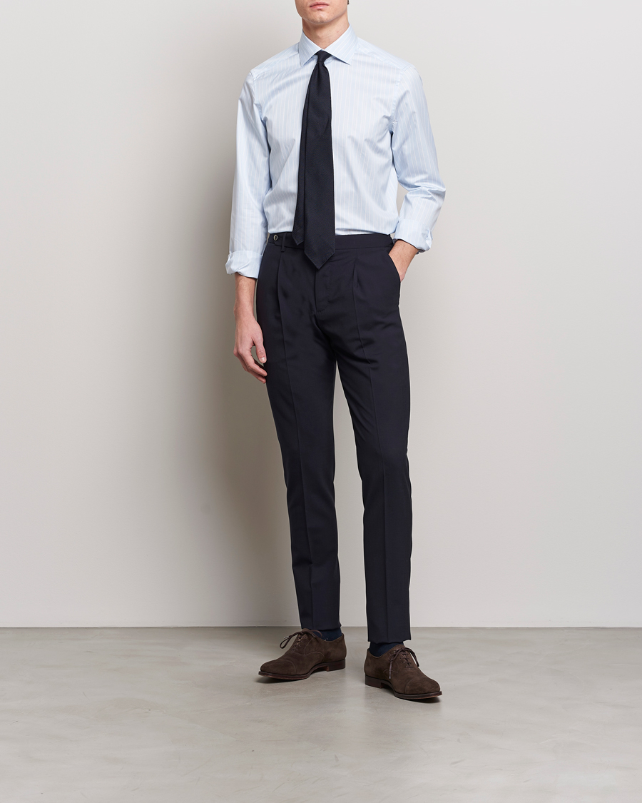 Men |  | Stenströms | Slimline Cut Away Multi Stripe Shirt Light Blue