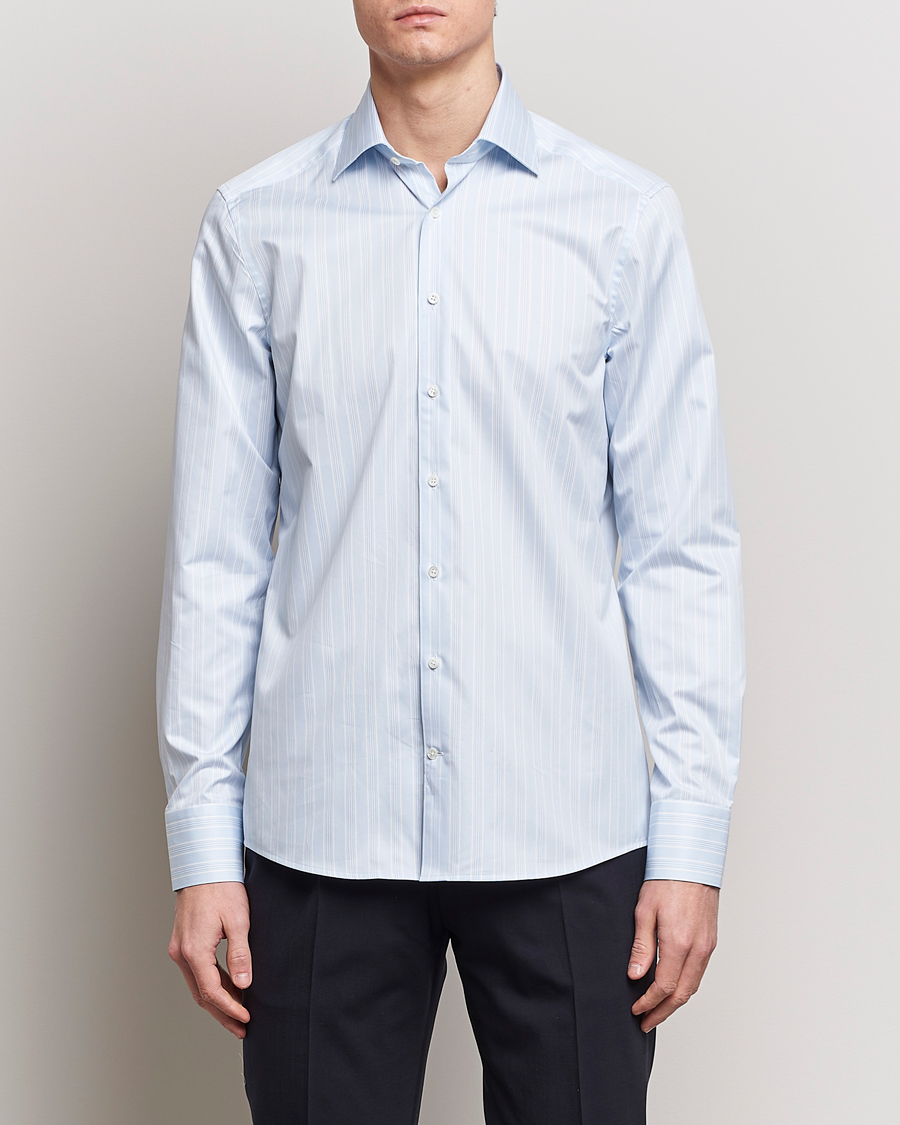 Men | Business Shirts | Stenströms | Slimline Cut Away Multi Stripe Shirt Light Blue