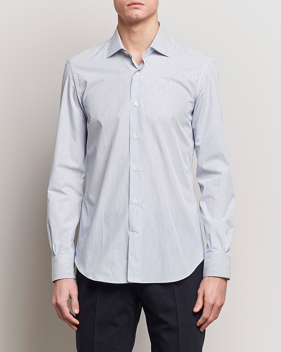 Herr | Casualskjortor | Mazzarelli | Soft Cotton Cut Away Shirt Blue Pinstripe