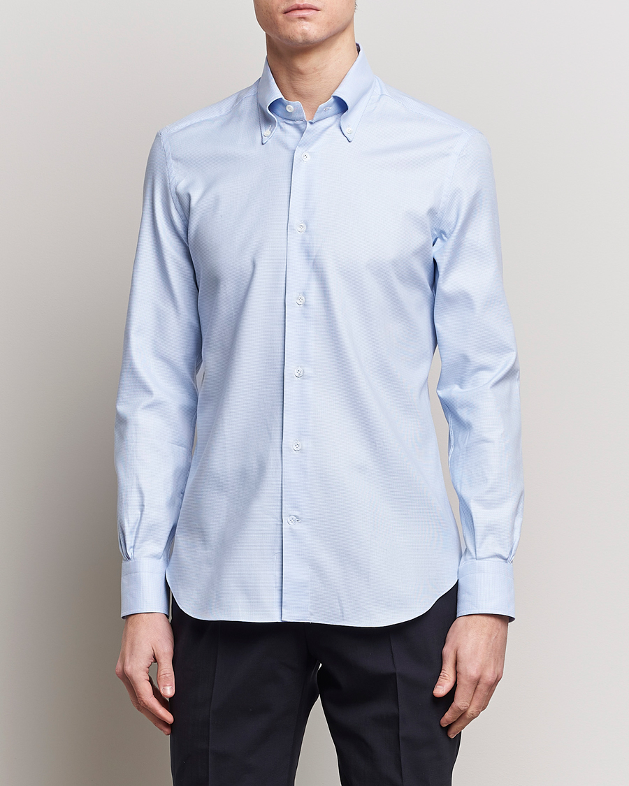 Herren |  | Mazzarelli | Soft Cotton Texture Button Down Shirt Light Blue