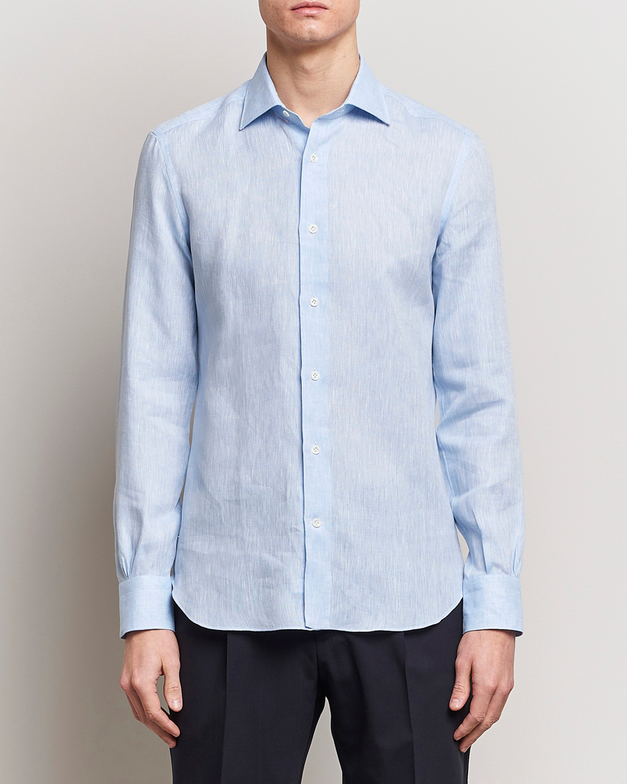 Mies |  | Mazzarelli | Soft Linen Cut Away Shirt Light Blue