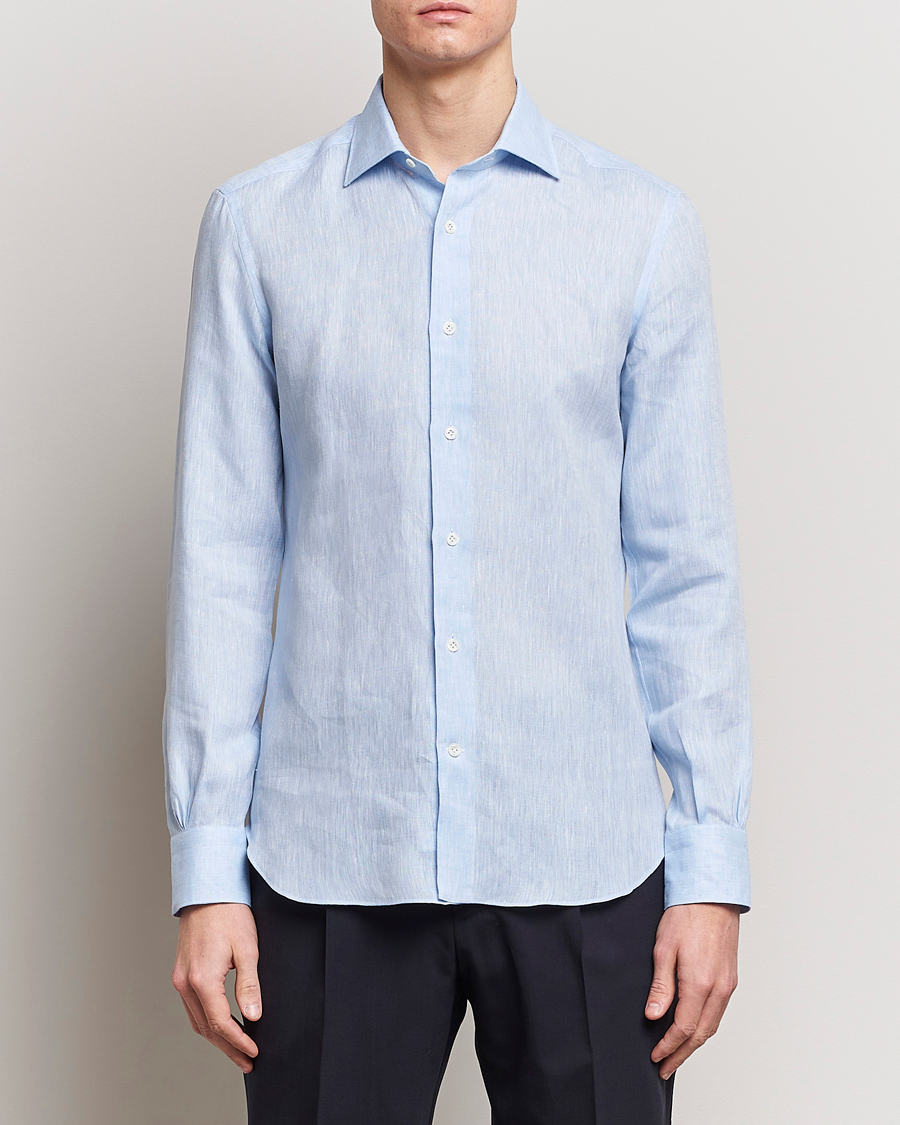 Men | Shirts | Mazzarelli | Soft Linen Cut Away Shirt Light Blue