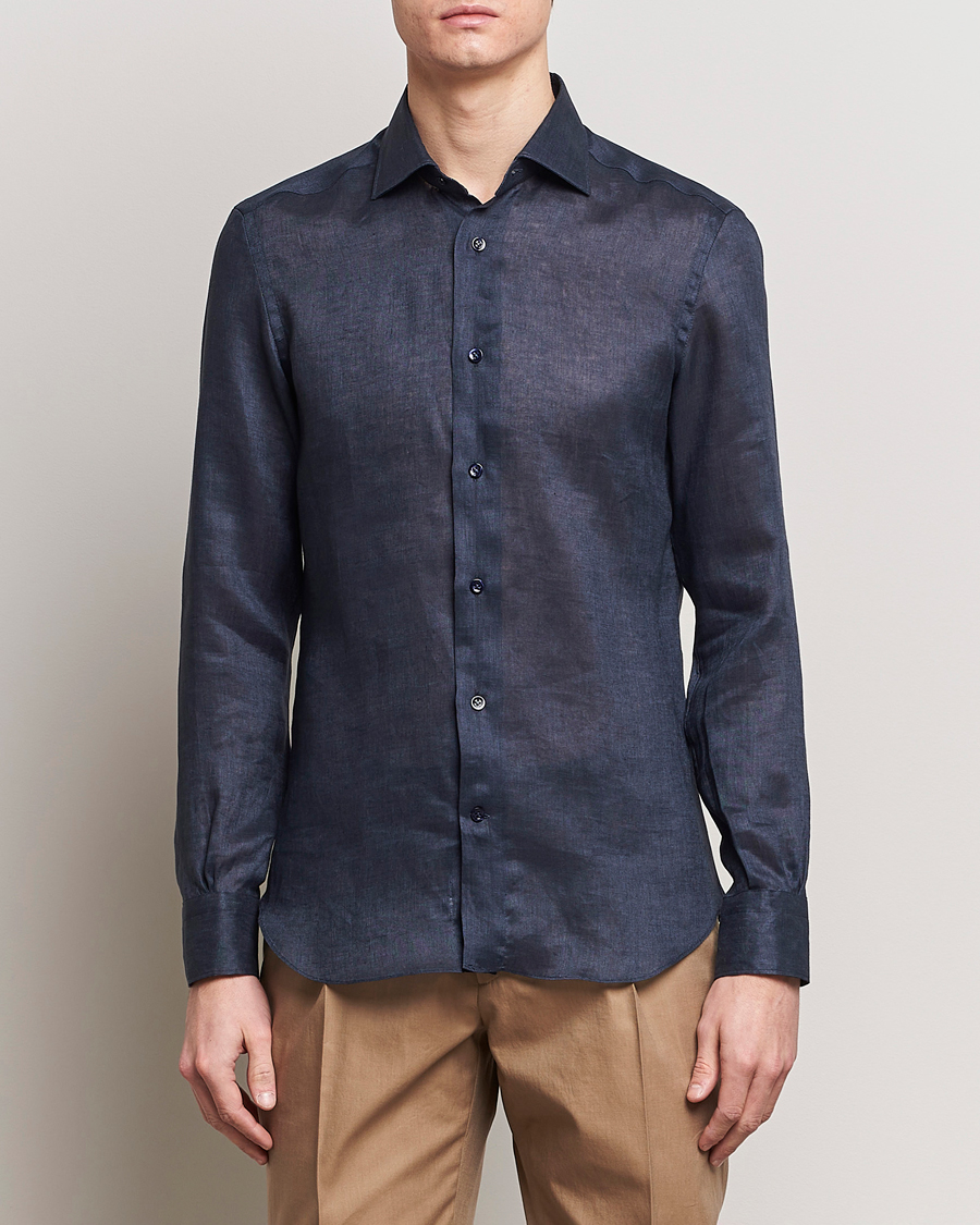 Men | Shirts | Mazzarelli | Soft Linen Cut Away Shirt Navy