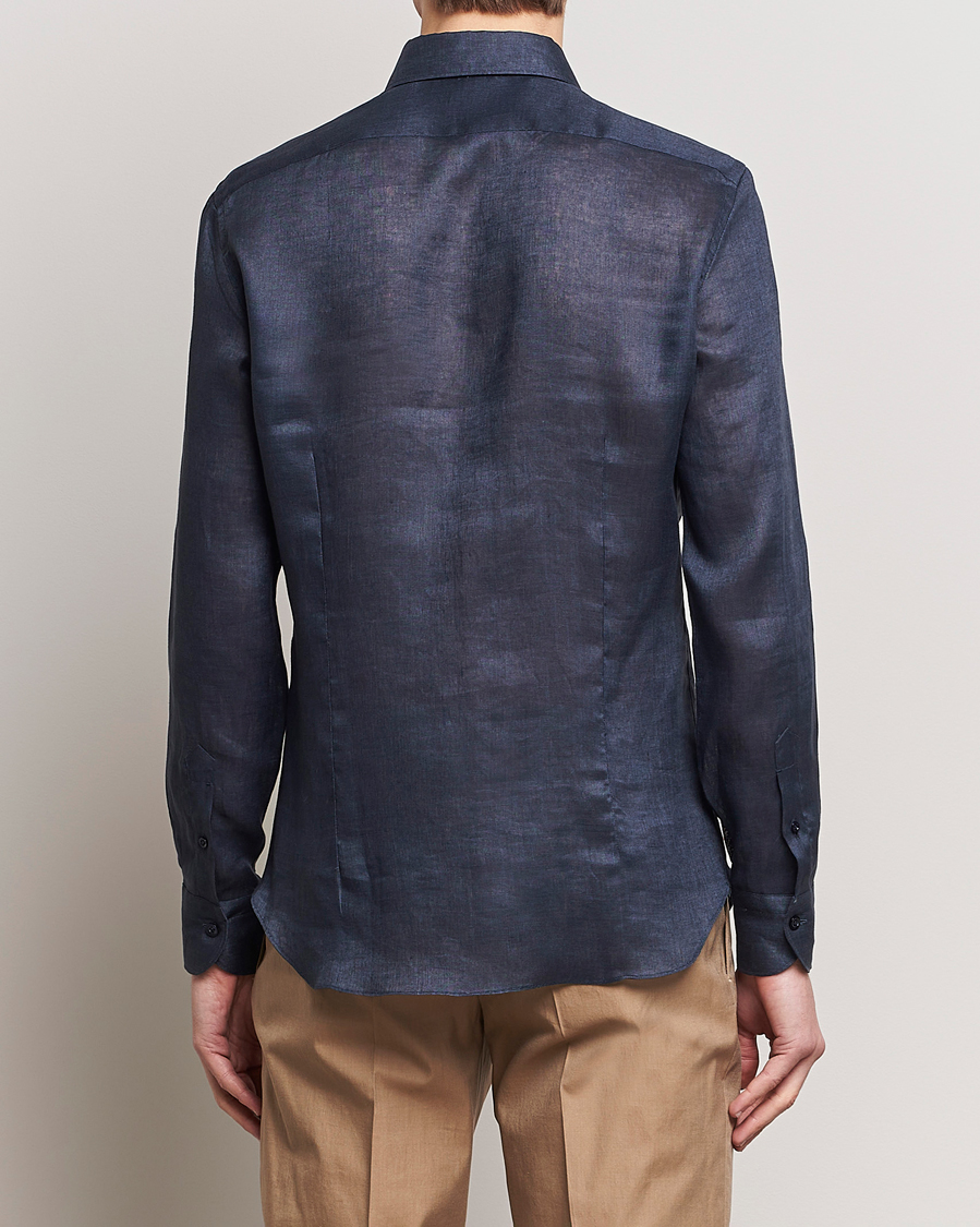 Men | Shirts | Mazzarelli | Soft Linen Cut Away Shirt Navy