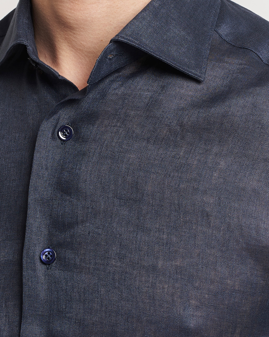 Men | Shirts | Mazzarelli | Soft Linen Cut Away Shirt Navy