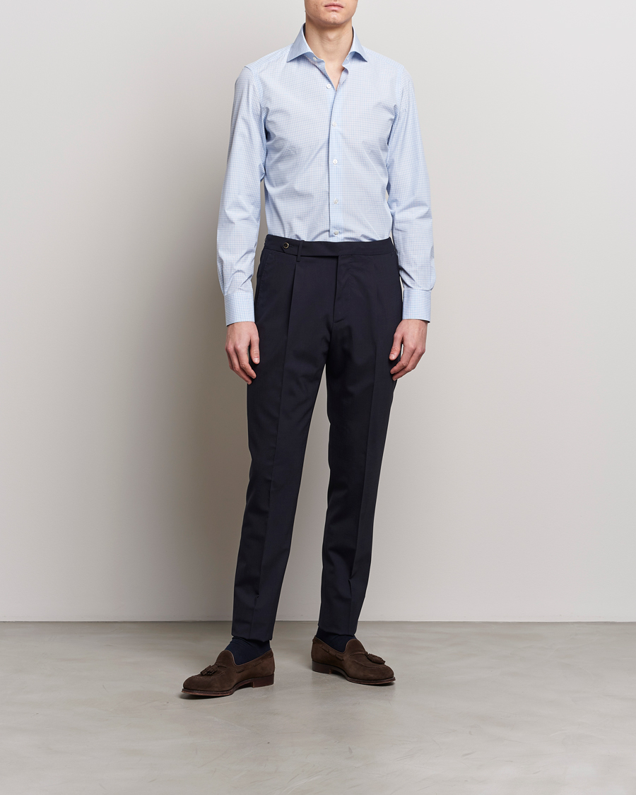 Mies |  | Finamore Napoli | Milano Slim Checked Dress Shirt Light Blue