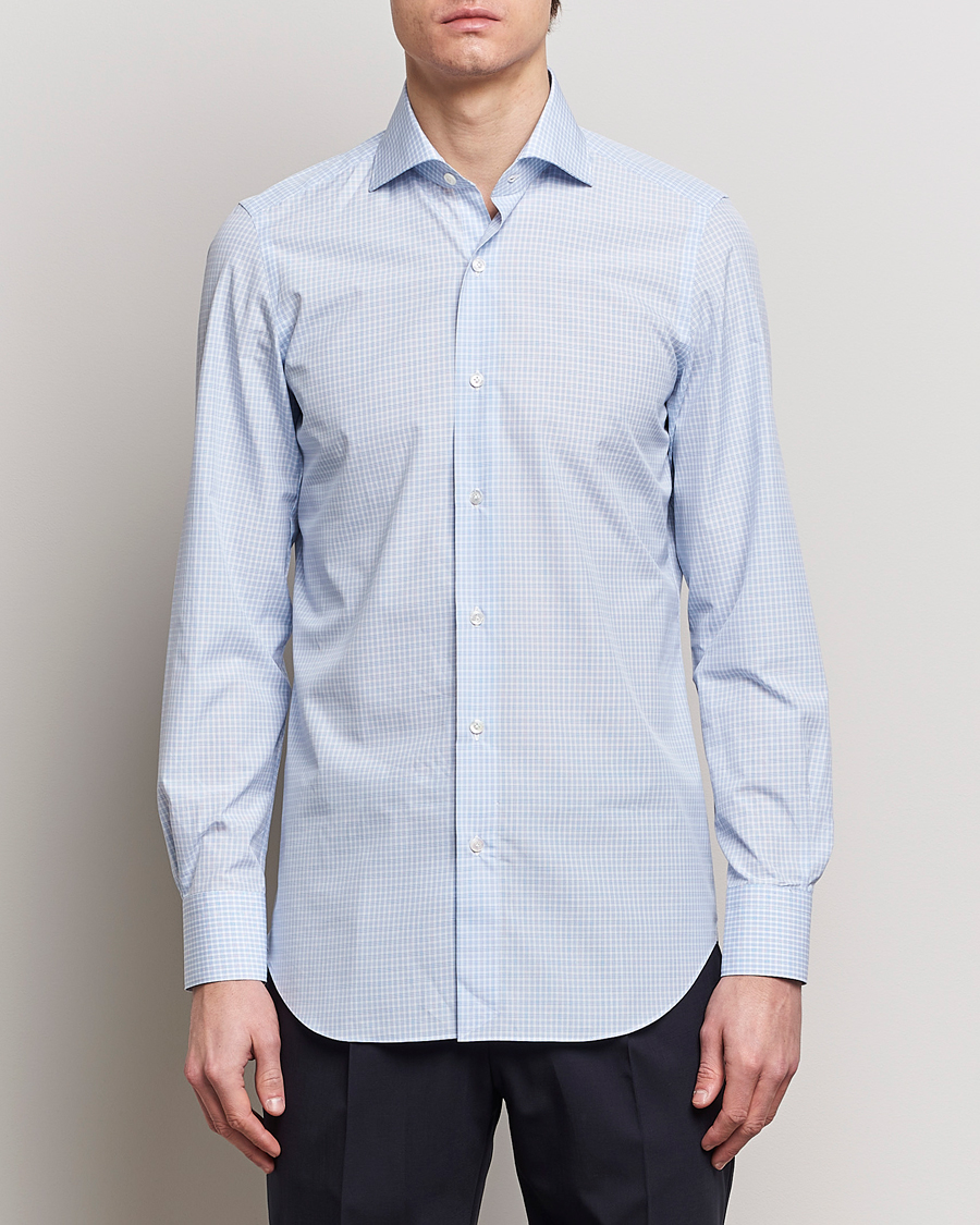 Men | Business Shirts | Finamore Napoli | Milano Slim Checked Dress Shirt Light Blue