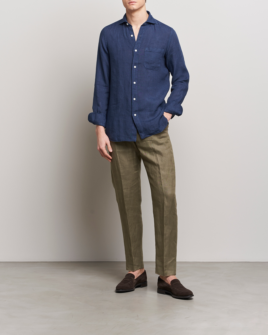 Men | Shirts | Finamore Napoli | Gaeta Linen Pocket Shirt Navy