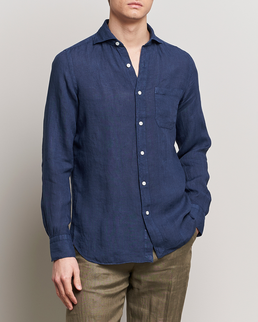 Men | Shirts | Finamore Napoli | Gaeta Linen Pocket Shirt Navy