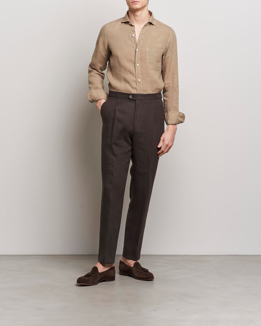 Finamore Napoli Gaeta Linen Pocket Shirt Taupe at CareOfCarl.com