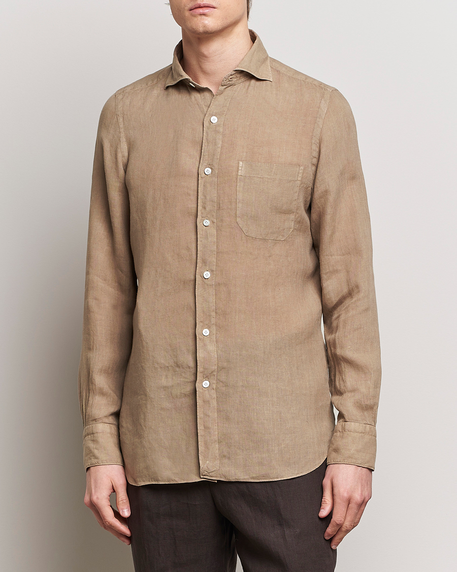 Finamore Napoli Gaeta Linen Pocket Shirt Taupe at CareOfCarl.com