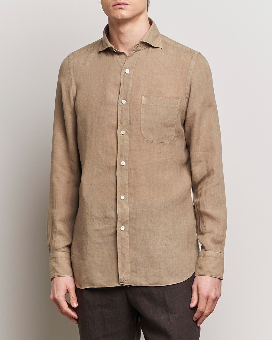 Men | Linen Shirts | Finamore Napoli | Gaeta Linen Pocket Shirt Taupe