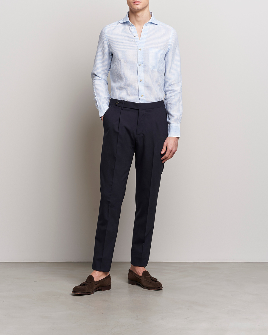 Men | Shirts | Finamore Napoli | Gaeta Striped Linen Pocket Shirt Light Blue