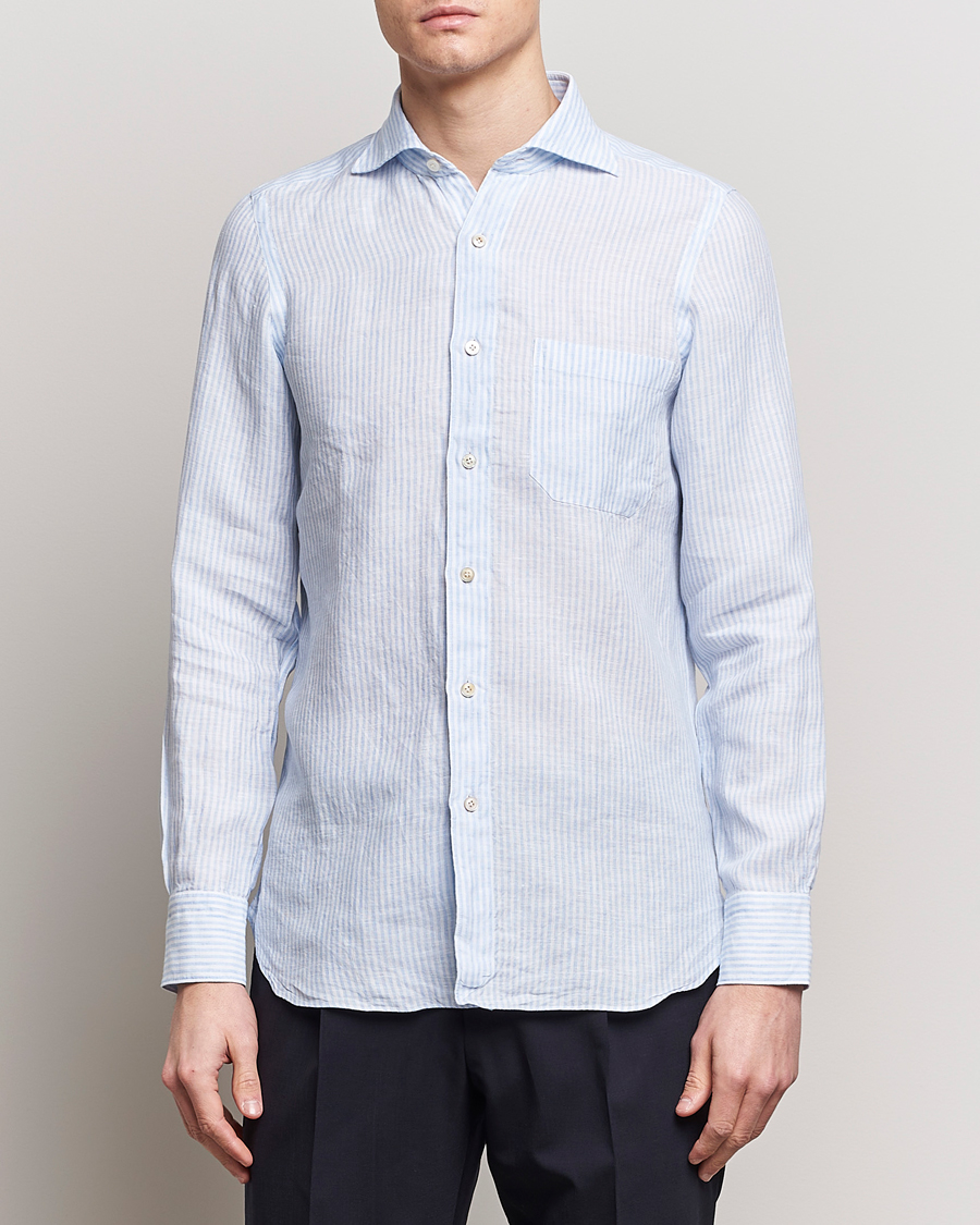 Men | Clothing | Finamore Napoli | Gaeta Striped Linen Pocket Shirt Light Blue