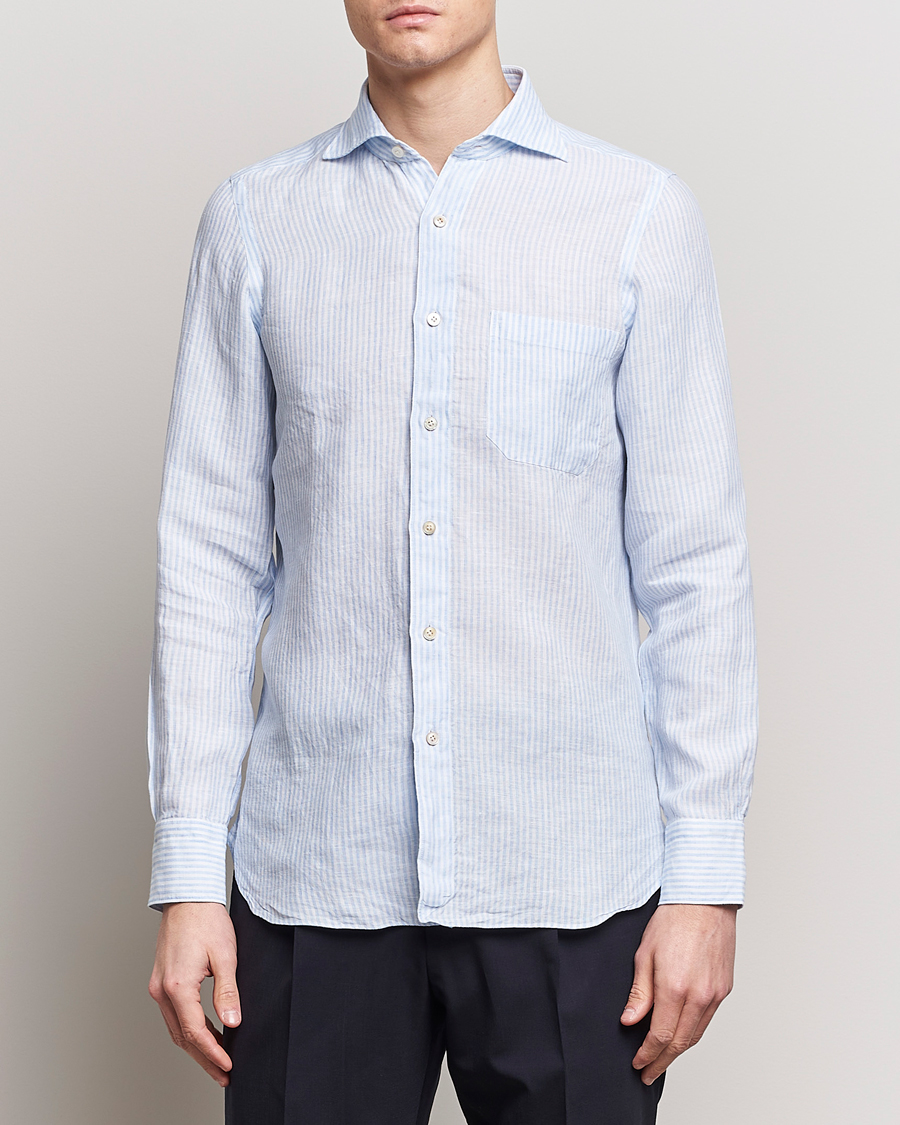 Men | Shirts | Finamore Napoli | Gaeta Striped Linen Pocket Shirt Light Blue