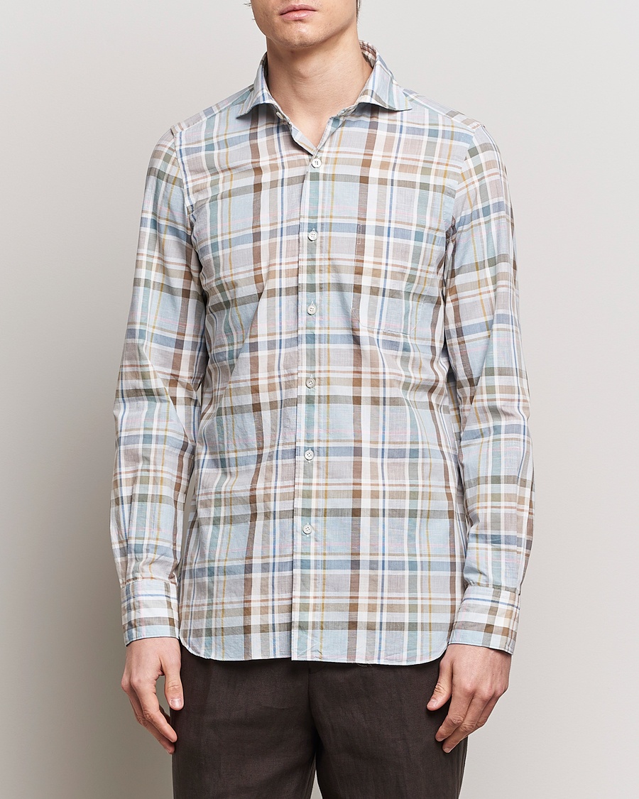 Men | Linen Shirts | Finamore Napoli | Gaeta Cotton/Linen Pocket Shirt Beige Check