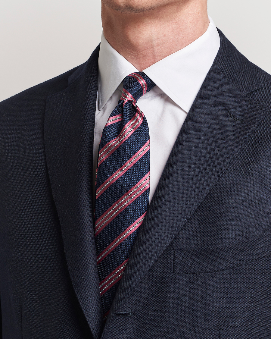 Finamore Napoli Jacquard Regimental Stripe Silk Tie Navy/Red at