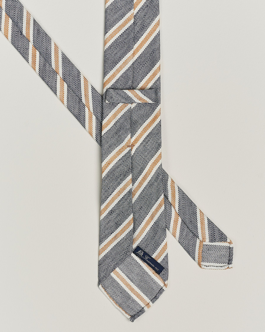 Men | Finamore Napoli Regimental Stripe Linen Tie Navy/Beige | Finamore Napoli | Regimental Stripe Linen Tie Navy/Beige