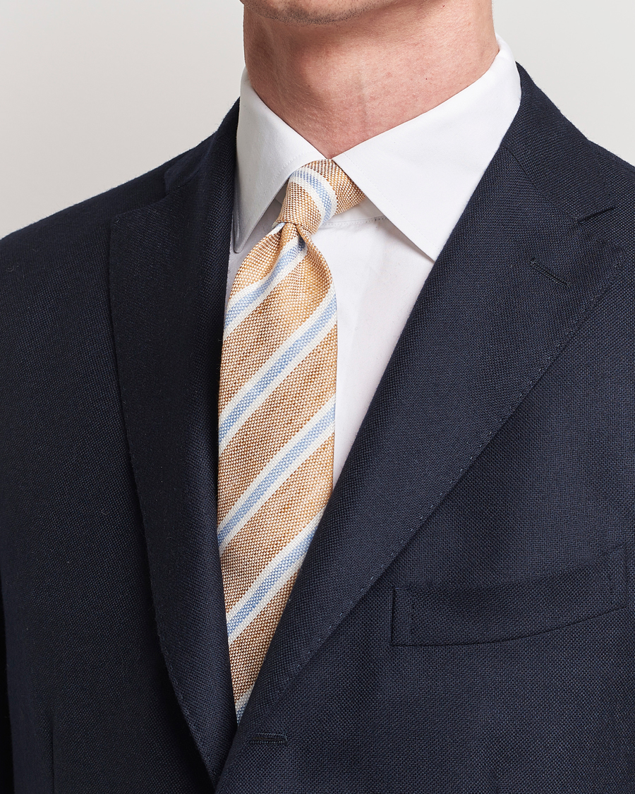 Men |  | Finamore Napoli | Regimental Stripe Linen Tie Beige/Blue