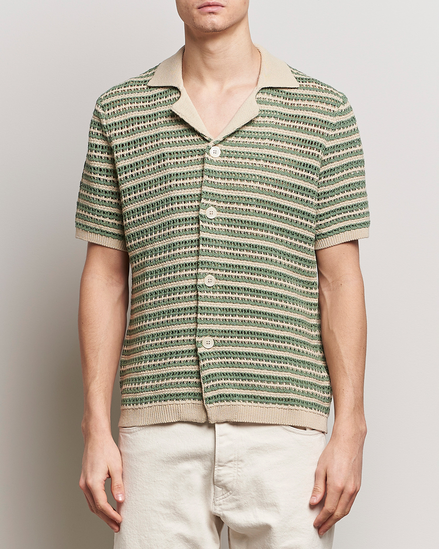 Men |  | NN07 | Henry Knitted Striped Short Shleeve Shirt Ecru/Green