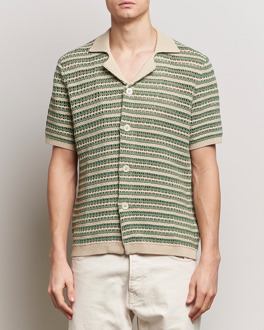 Men | Shirts | NN07 | Henry Knitted Striped Short Shleeve Shirt Ecru/Green