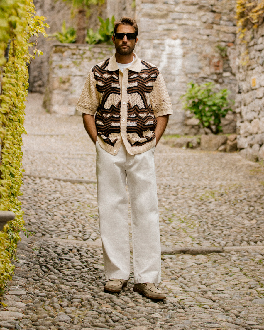 Men | Shirts | NN07 | Nolan Croche Knitted Short Sleeve Shirt Ecru