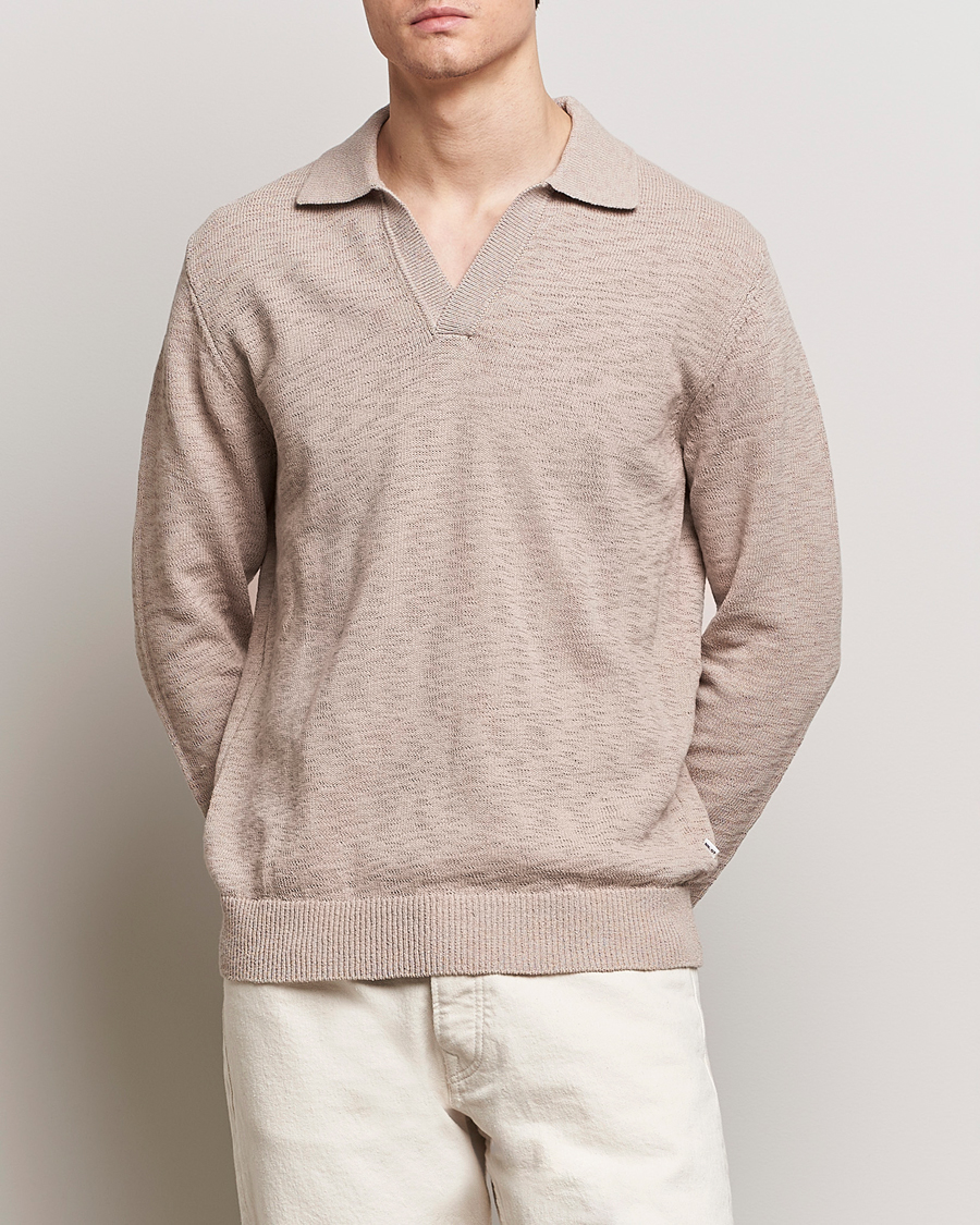 Men | Sweaters & Knitwear | NN07 | Ryan Long Sleeve Open Collar Knitted Polo Khaki Stone