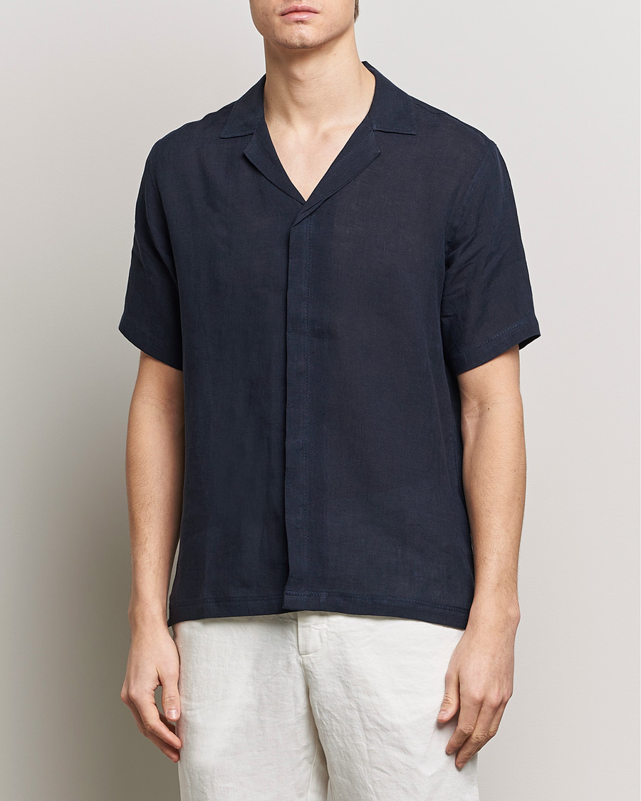 Men |  | Orlebar Brown | Maitan Short Sleeve Linen Shirt Night Iris