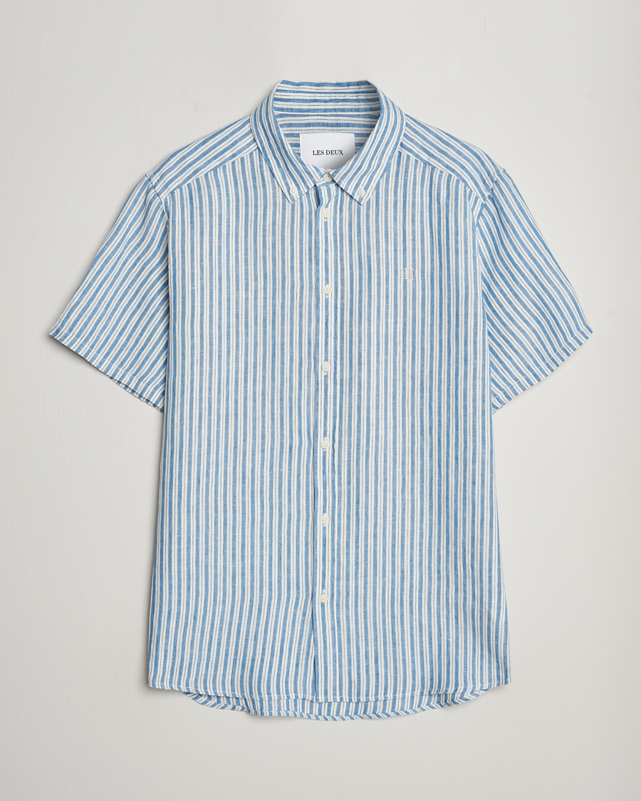Men | Shirts | LES DEUX | Kris Linen Striped Short Sleeve Shirt Blue/Ivory