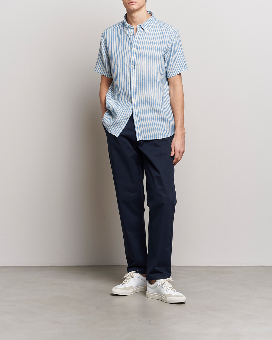 Men | Shirts | LES DEUX | Kris Linen Striped Short Sleeve Shirt Blue/Ivory