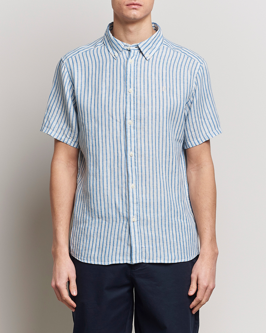 Men | Short Sleeve Shirts | LES DEUX | Kris Linen Striped Short Sleeve Shirt Blue/Ivory