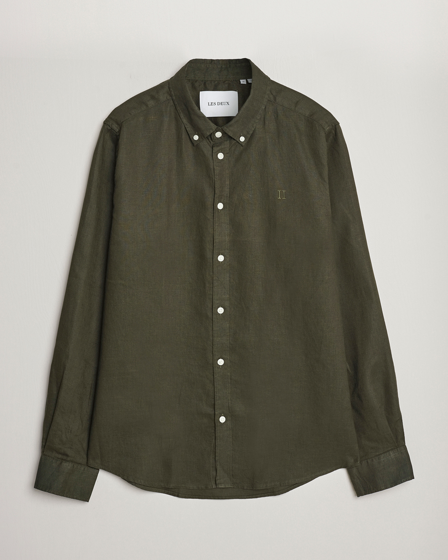 Men | Shirts | LES DEUX | Kristian Linen Button Down Shirt Olive Night