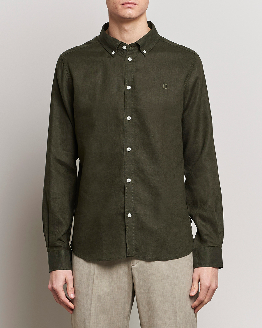 Men | Linen Shirts | LES DEUX | Kristian Linen Button Down Shirt Olive Night
