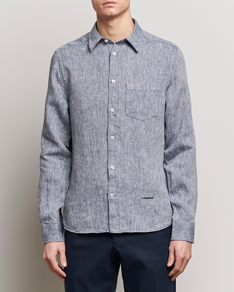 Men | Linen Shirts | J.Lindeberg | Slim Fit Linen Melange Shirt Navy