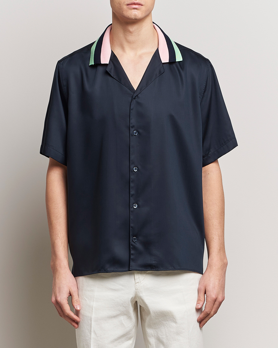 Men | Shirts | J.Lindeberg | Skala Knit Collar Tencel Shirt Navy