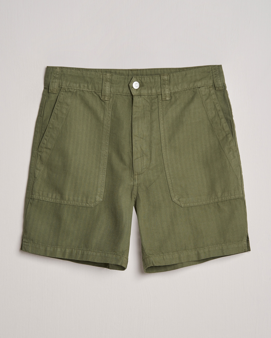 Men | Shorts | Drake's | Herringbone Fatigue Cotton Shorts Olive