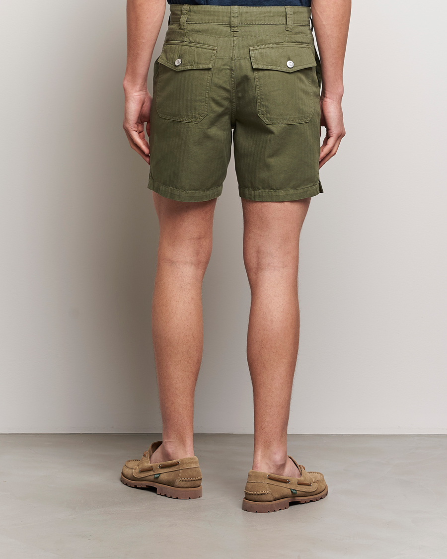 Men | Shorts | Drake's | Herringbone Fatigue Cotton Shorts Olive