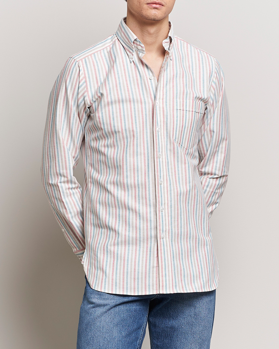 Men | Oxford Shirts | Drake's | Thin Tripple Stripe Oxford Shirt White