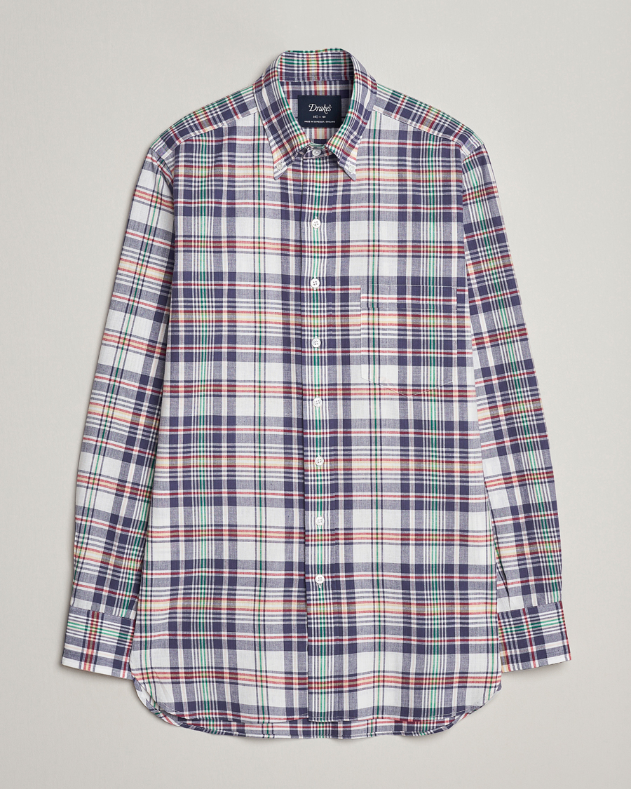 Men | Shirts | Drake's | Madras Checked Linen Button Down Shirt Navy